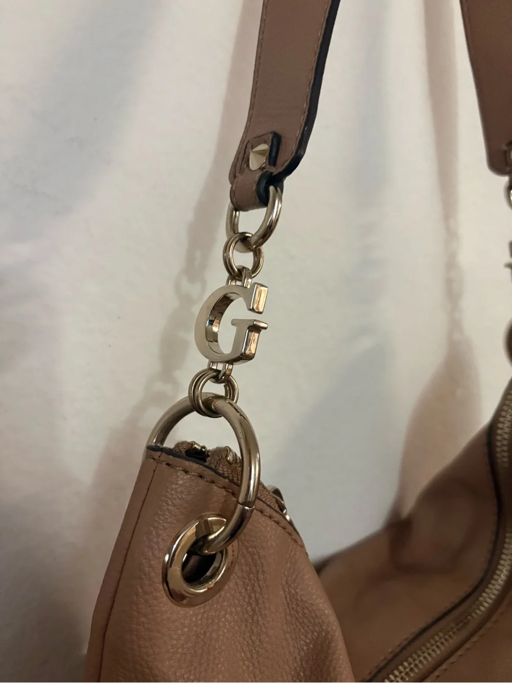 Guess Tan Pebbled Shoulder Hobo Bag with Silver Hardware